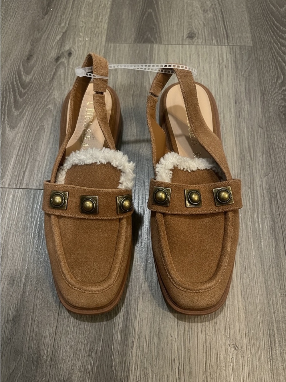 chelsea & violet chestnut suede faux fur slingback mules